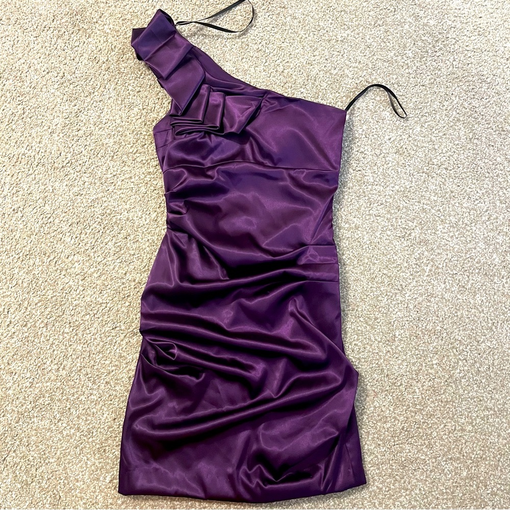B. Smart deep purple satin one shoulder ruched dress. Mini. Size 9/10.